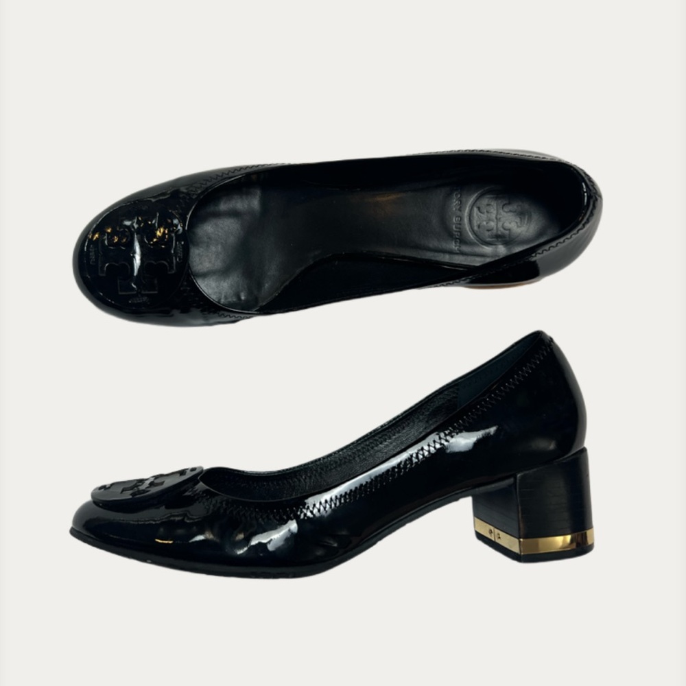Tory Burch Amy Logo Black Patent Leather Block Heel Pumps Gold Trim 9.5
